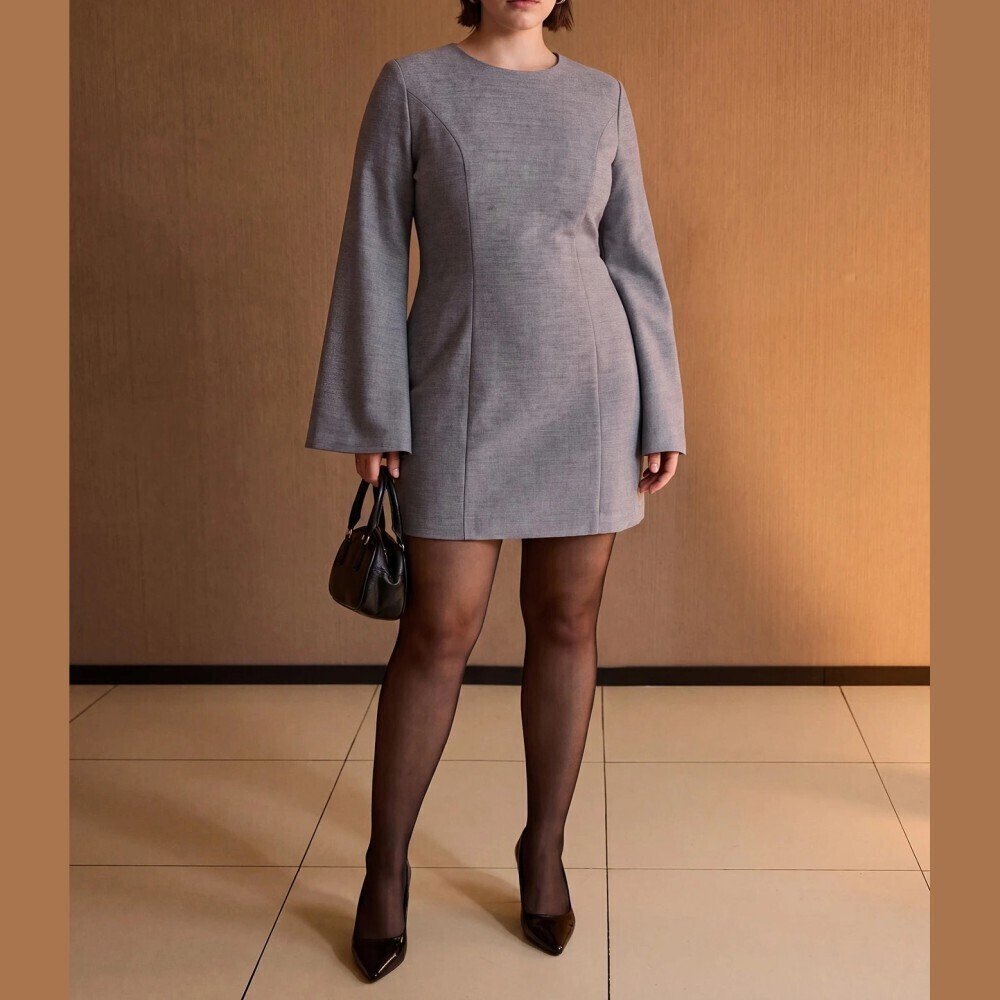 Gray Bell Sleeve Seamed Sheath Mini Dress
